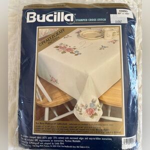 NEW Vintage Bucilla PFALTZGRAFF Tea Rose Stamped Cross Stitch Tablecloth 60x104
